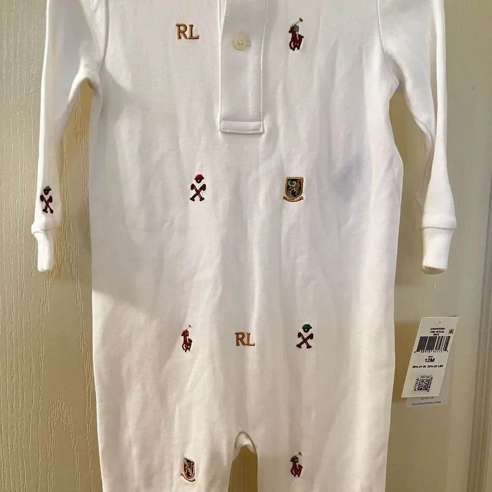 Ralph Lauren White Embroidered Schiffli Coverall Romper Boys Size 12 Months NWT